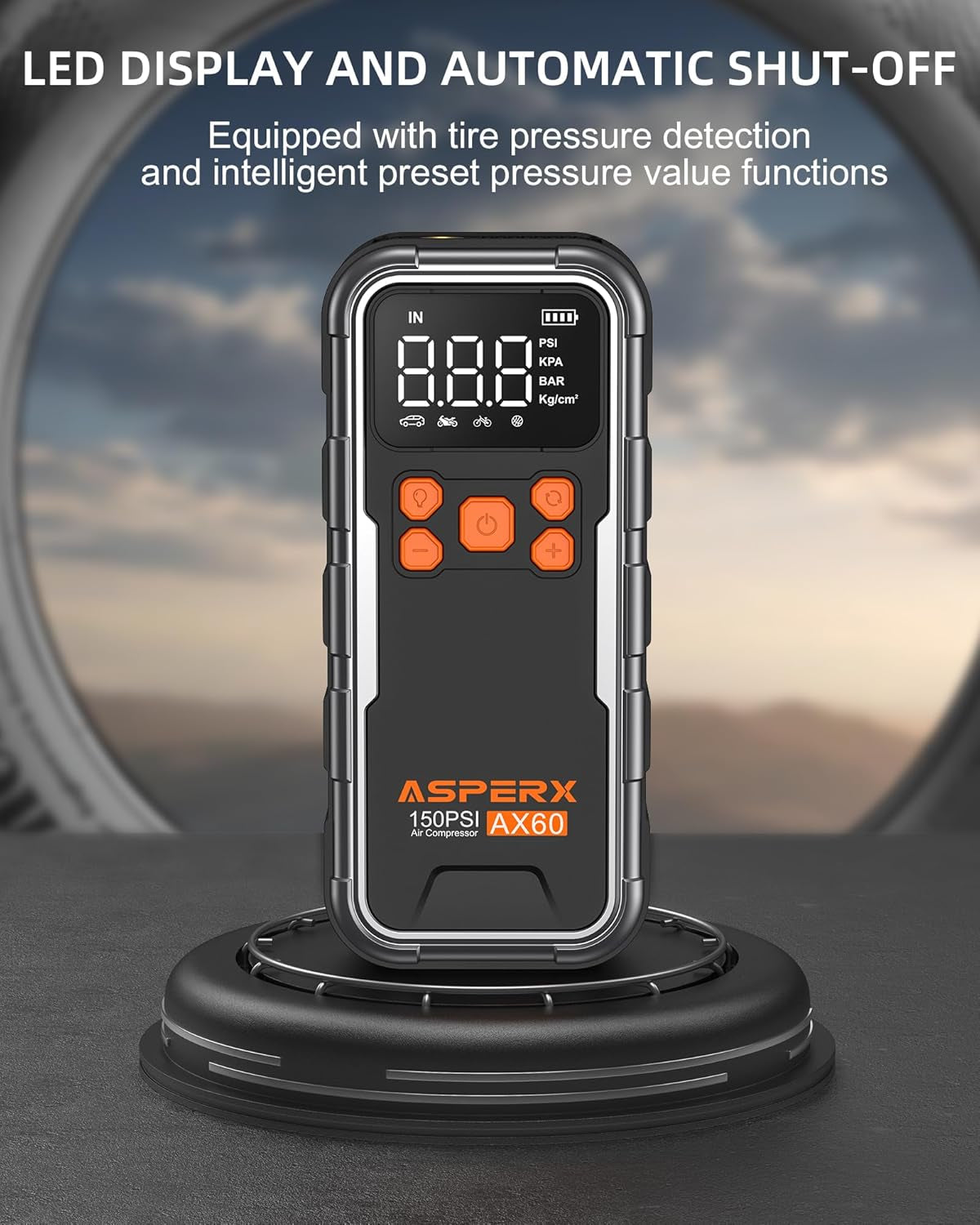 150PSI Cordless Tire Inflator Portable Air Compressor with Digital Pressure Gauge and LED Light 