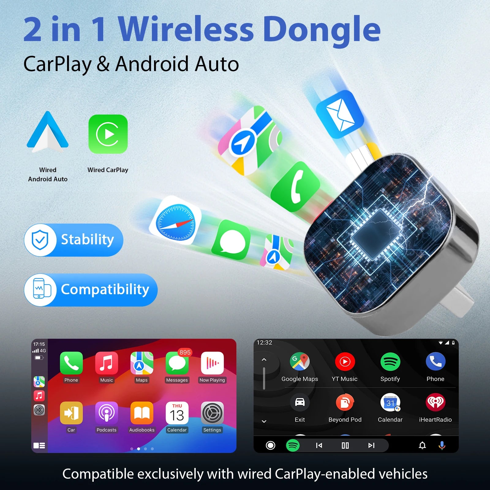2 in 1 Wireless Carplay Adapter Android Auto Wireless Adapter, 5Ghz Wifi Type-C/Usb 