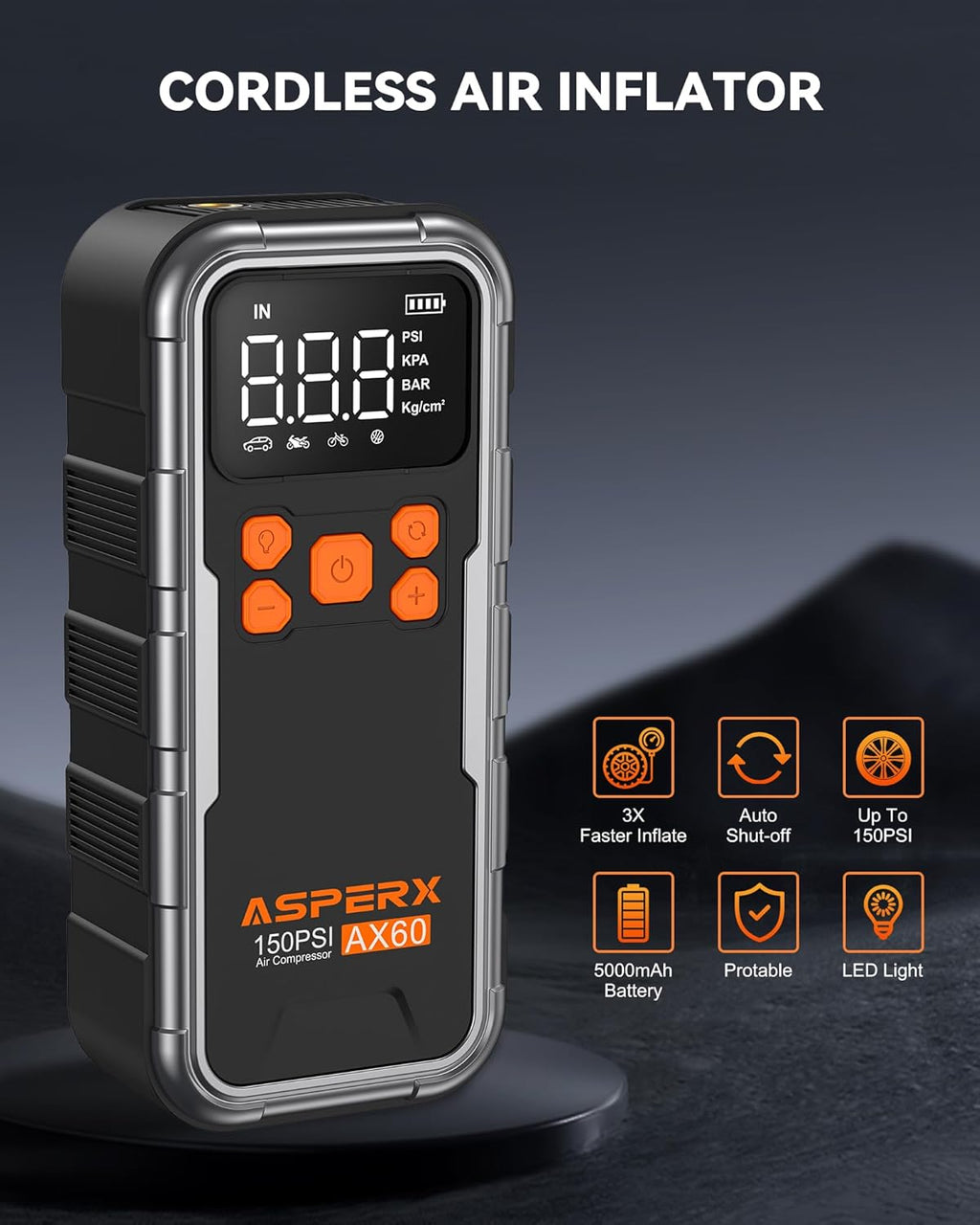 150PSI Cordless Tire Inflator Portable Air Compressor with Digital Pressure Gauge and LED Light 