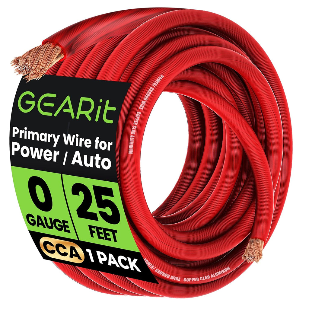 1/0 Gauge Wire (25Ft - Red Translucent) Copper Clad Aluminum CCA - Primary Automotive Wire Power/Ground, Battery Cable, Car Audio Speaker, RV Trailer, Amp, Electrical 0Ga AWG 25 Feet