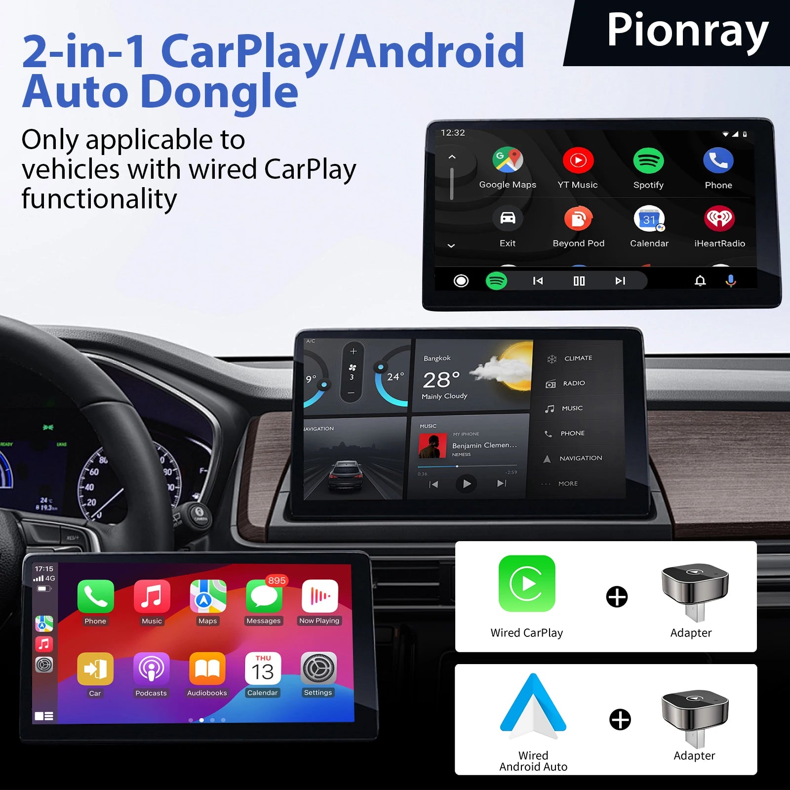 2 in 1 Wireless Carplay Adapter Android Auto Wireless Adapter, 5Ghz Wifi Type-C/Usb 