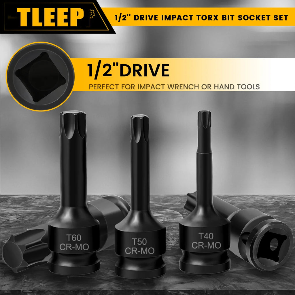 1/2 Inch Impact Torx Bit Socket Set,Cr-Mo Impact Grade,T30-T80 Torx Sockets with Socket Adapter